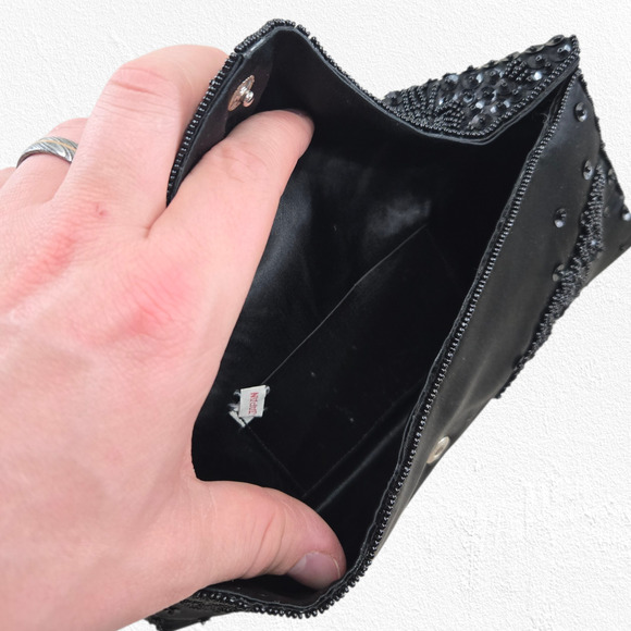 Vintage 50s Black Beaded Satin Evening Clutch Made in Japan Floral Cocktail Bag - Picture 5 of 8